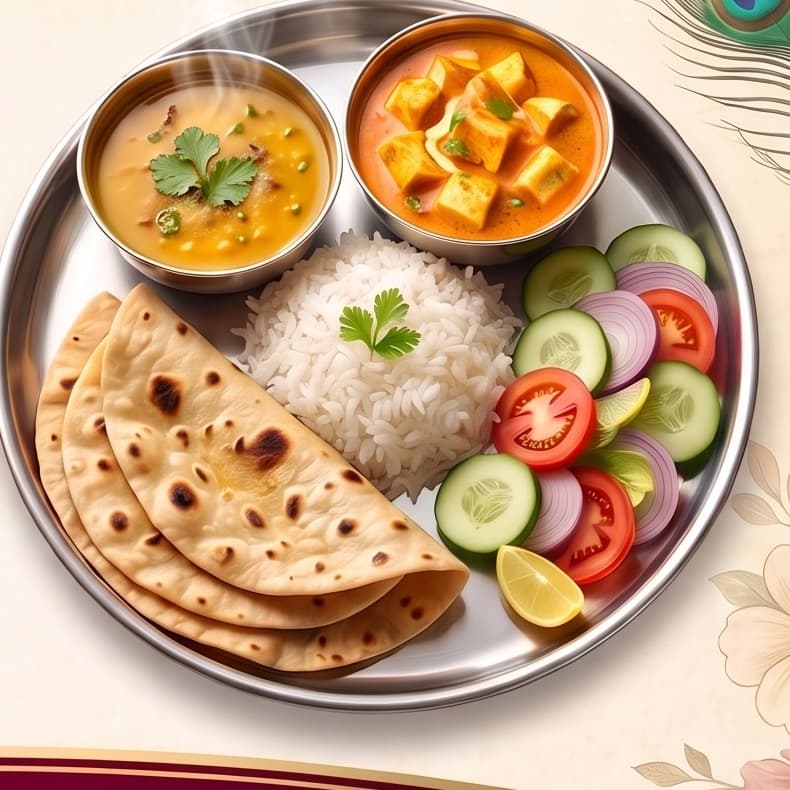 Special Thali - fresh home-style vegetarian meal with dal, sabzi, rice, roti and salad